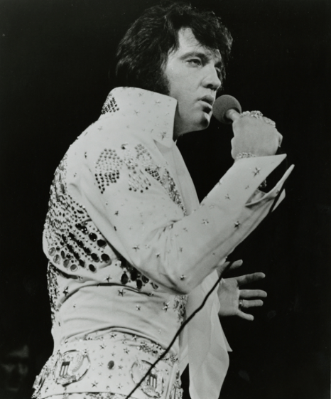 Portrait of Elvis Presley performing in 1973.