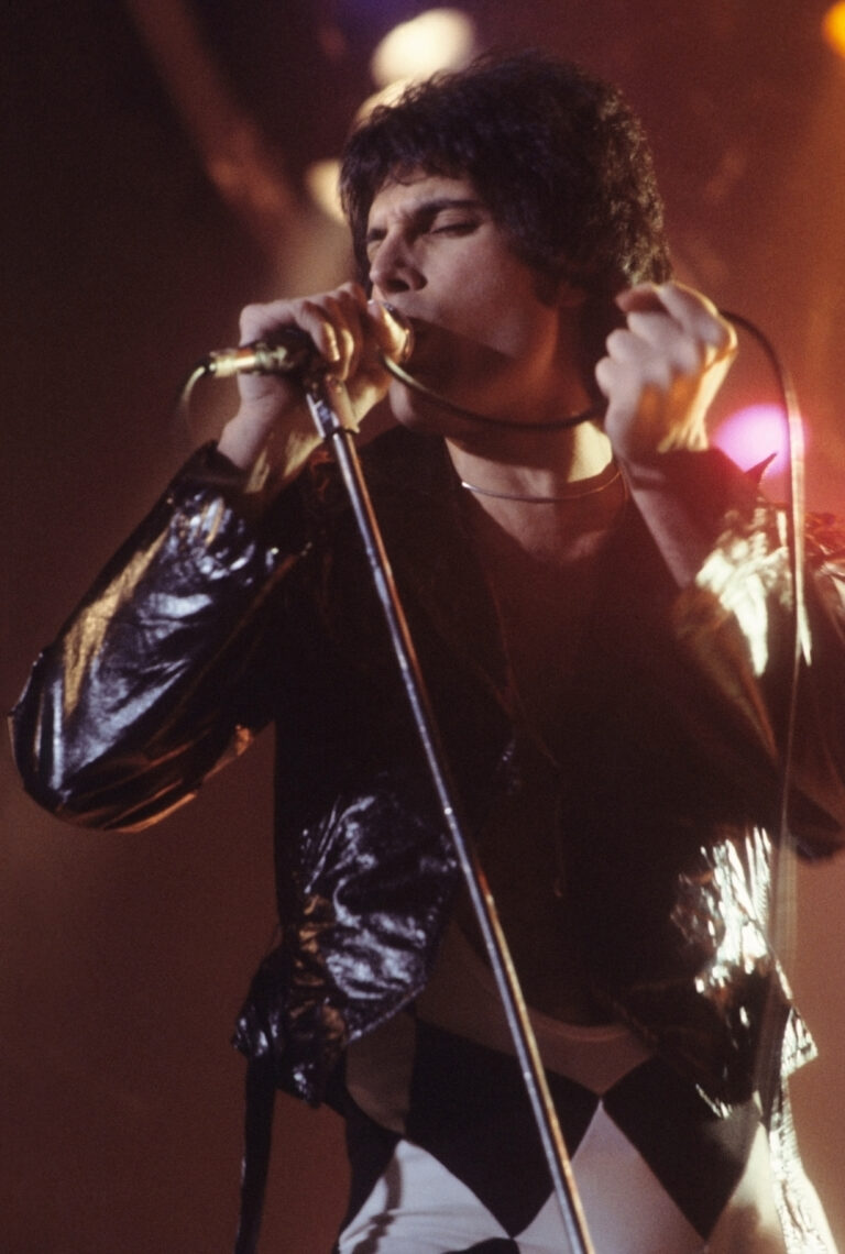 Portrait of Freddie Mercury performing in 1977.